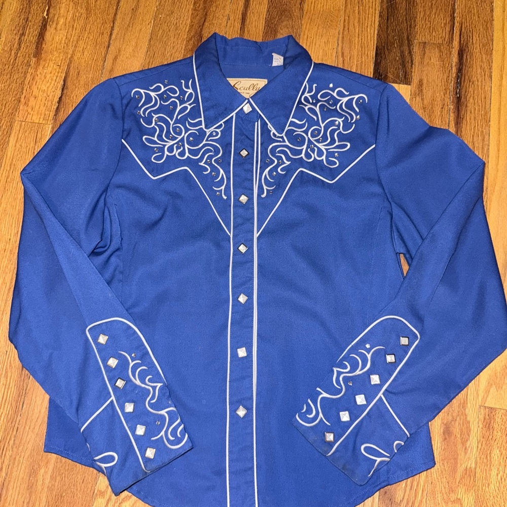 Scully Blue and White Casual Button Down Shirt with Western Embroidery